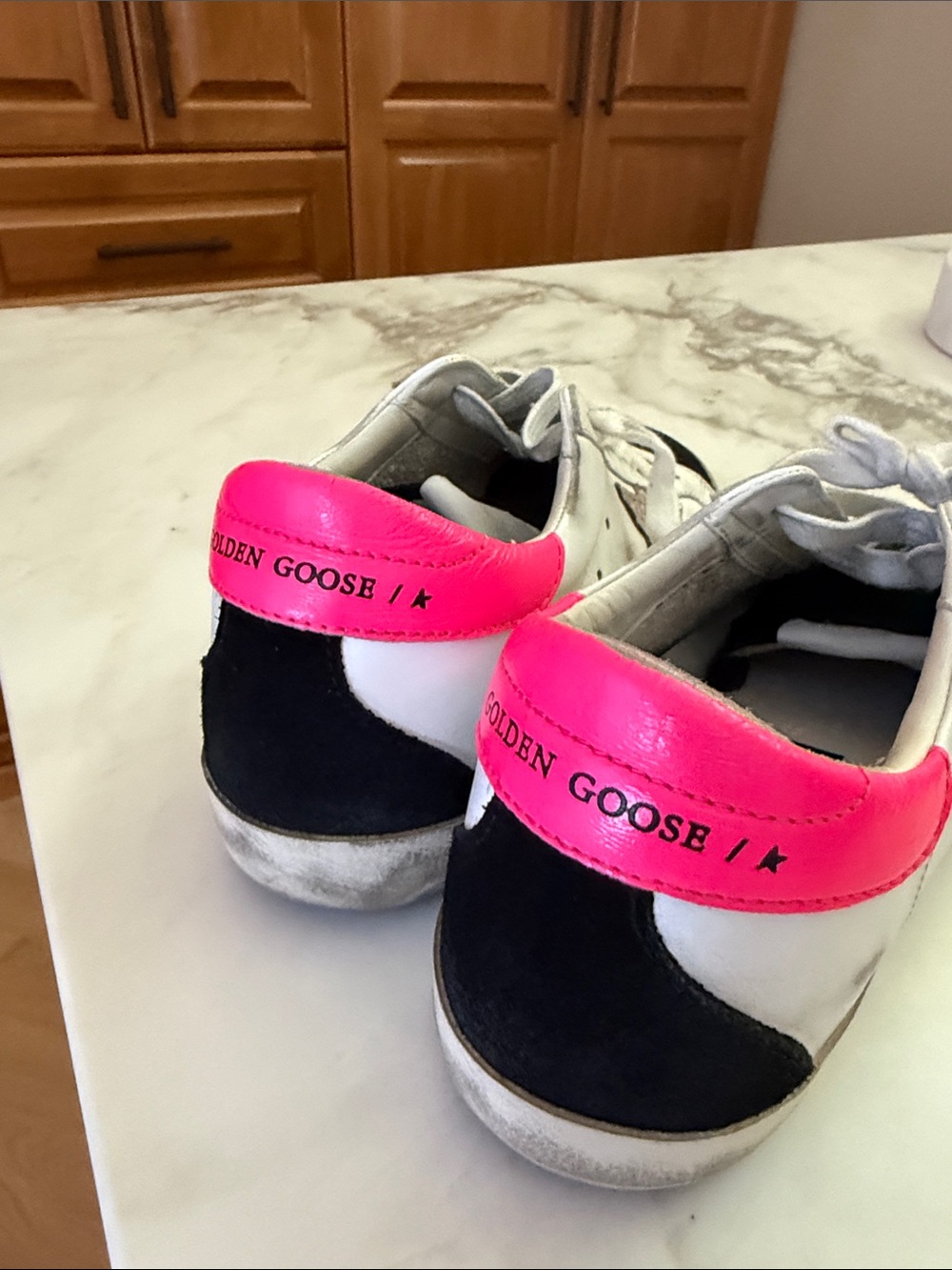 Golden Goose Kids White Sneakers with Neon Pink Heel and Black Accents